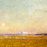 Painting of a desert with mountains in the distance and a moon rising