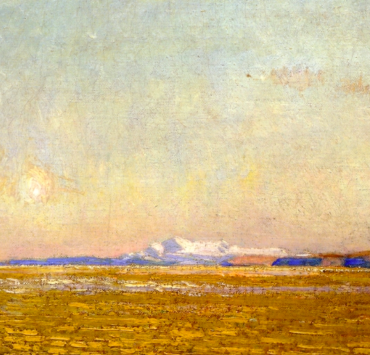 Painting of a desert with mountains in the distance and a moon rising