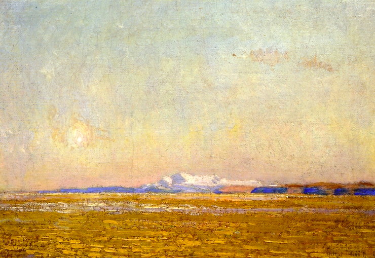 Painting of a desert with mountains in the distance and a moon rising