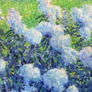 Impressionist painting of light blue flowers