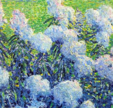 Impressionist painting of light blue flowers