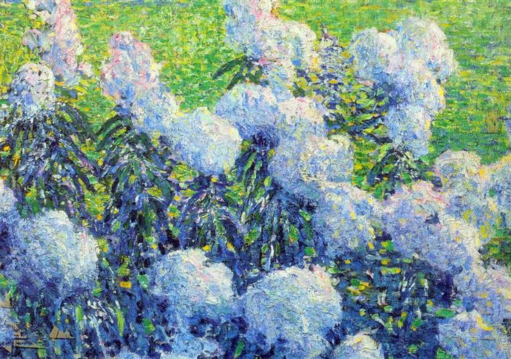 Impressionist painting of light blue flowers