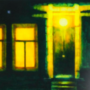 Painting of a house at night, there are two visible windows and a porch light illuminates the door