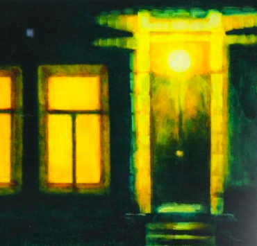 Painting of a house at night, there are two visible windows and a porch light illuminates the door