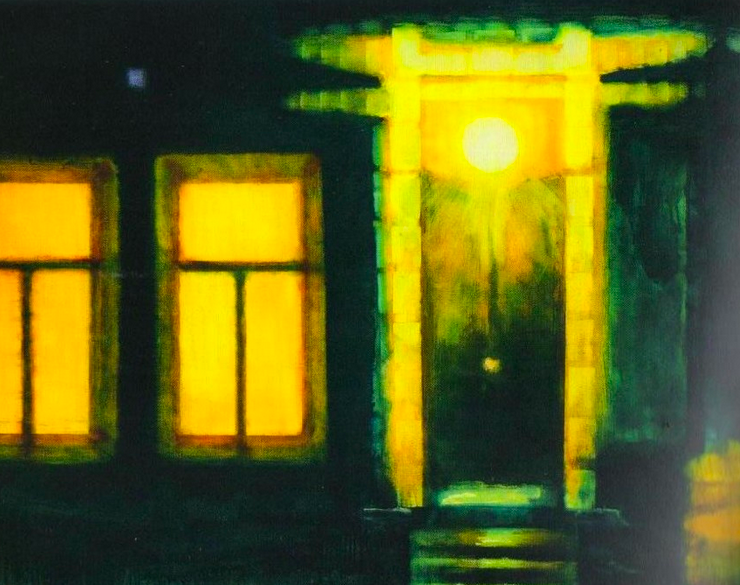 Painting of a house at night, there are two visible windows and a porch light illuminates the door