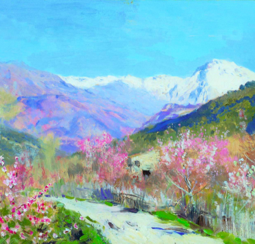 Painting of a valley with a small house surrounded by pink blossoming trees. A snowy mountain range can be seen in the distance