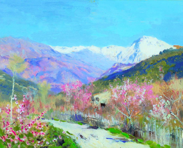 Painting of a valley with a small house surrounded by pink blossoming trees. A snowy mountain range can be seen in the distance