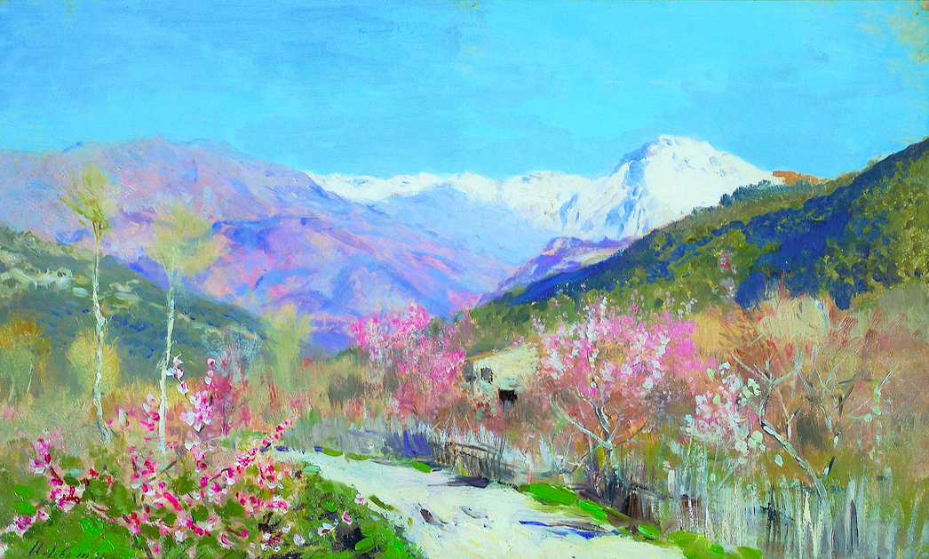 Painting of a valley with a small house surrounded by pink blossoming trees. A snowy mountain range can be seen in the distance