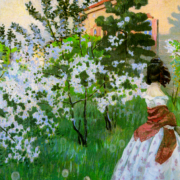 Painting of white blossoming trees, a woman in a ballgown is walking away from the viewer