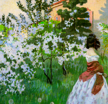 Painting of white blossoming trees, a woman in a ballgown is walking away from the viewer