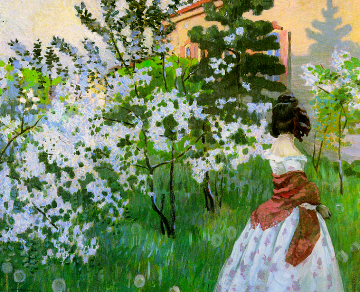 Painting of white blossoming trees, a woman in a ballgown is walking away from the viewer
