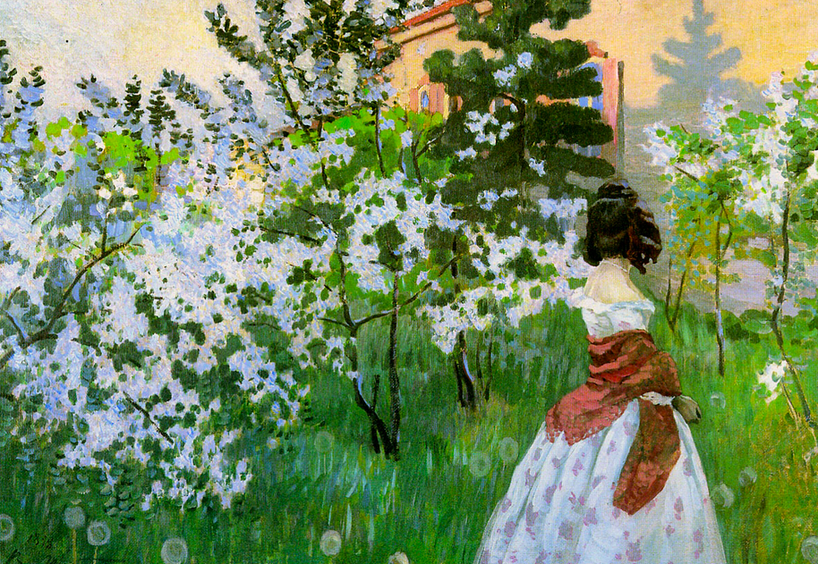 Painting of white blossoming trees, a woman in a ballgown is walking away from the viewer