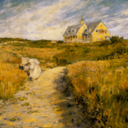 A yellow house in the background on a short hill, surrounded by brown grass