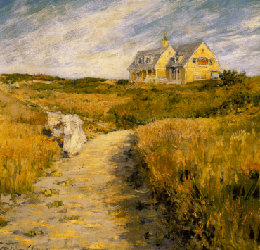A yellow house in the background on a short hill, surrounded by brown grass