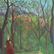 Painting of a tropical forest, a woman wearing a long red dress walks down a path