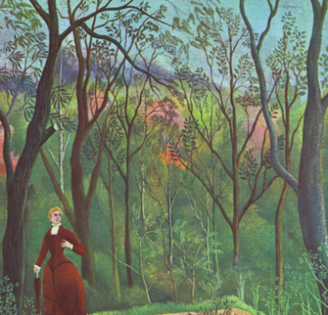 Painting of a tropical forest, a woman wearing a long red dress walks down a path