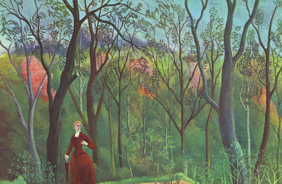 Painting of a tropical forest, a woman wearing a long red dress walks down a path