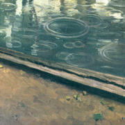 Painting of a riverbank along a cement path, there are ripples from rain in the water