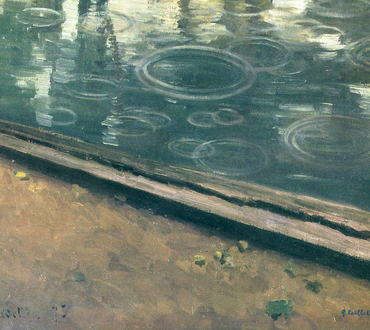 Painting of a riverbank along a cement path, there are ripples from rain in the water