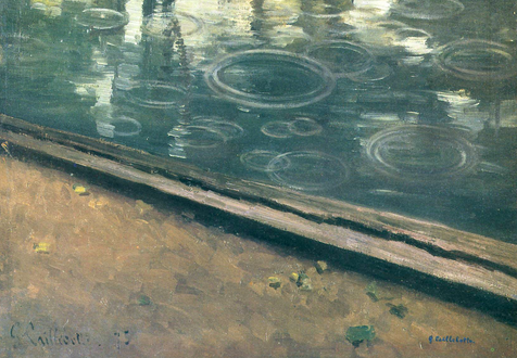Painting of a riverbank along a cement path, there are ripples from rain in the water