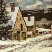 Painting of a European village covered in snow, there are three visible houses and a pine tree in the foreground