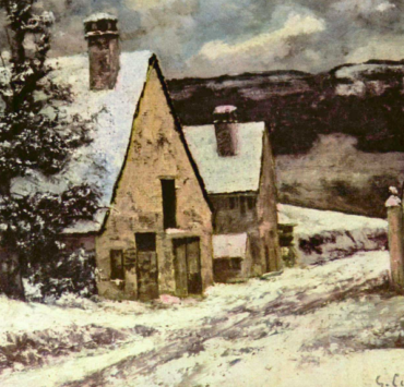 Painting of a European village covered in snow, there are three visible houses and a pine tree in the foreground