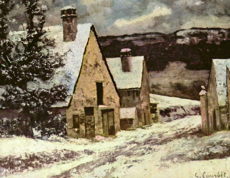 Painting of a European village covered in snow, there are three visible houses and a pine tree in the foreground