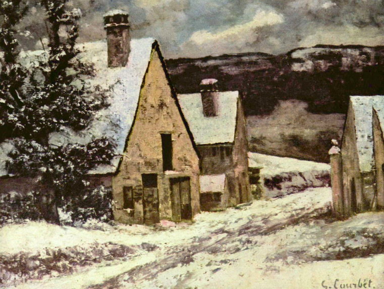 Painting of a European village covered in snow, there are three visible houses and a pine tree in the foreground
