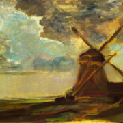 Painting of a windmill, a cloudy sky is in the background