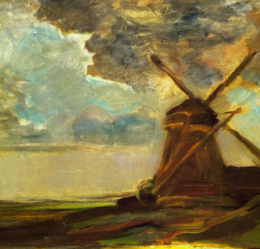 Painting of a windmill, a cloudy sky is in the background