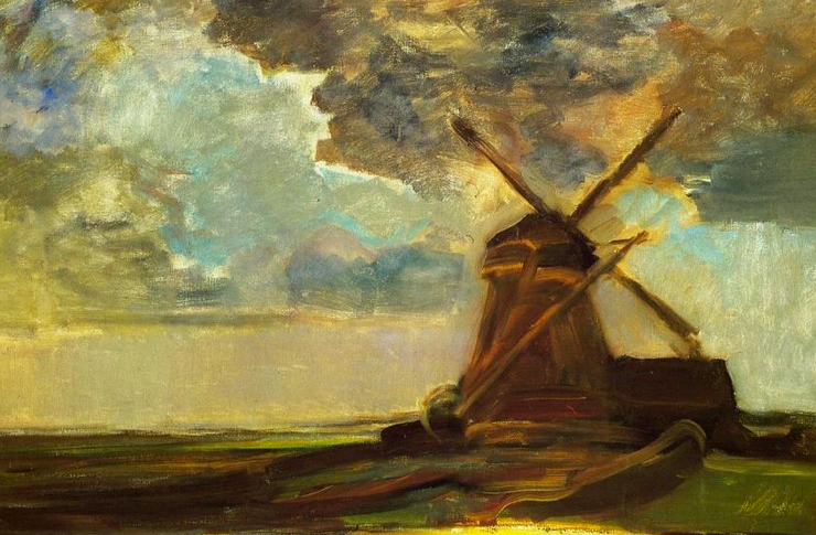 Painting of a windmill, a cloudy sky is in the background