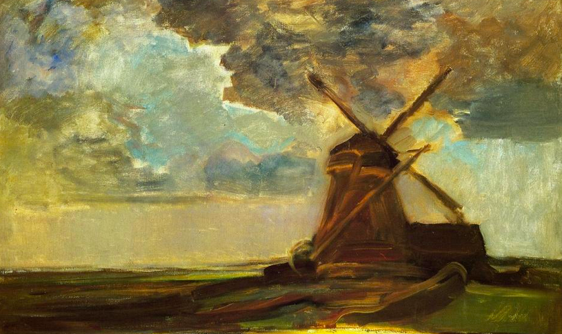 Painting of a windmill, a cloudy sky is in the background
