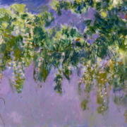 Impressionist painting of wisteria flowers on a light purple background