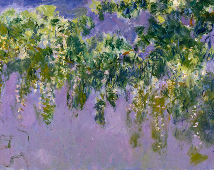 Impressionist painting of wisteria flowers on a light purple background