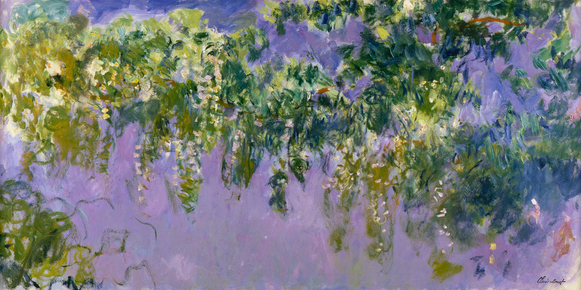Impressionist painting of wisteria flowers on a light purple background