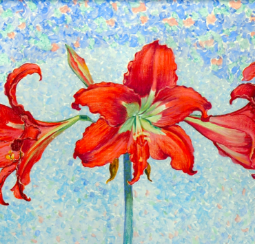 Painting of a red amaryllis on a blue background