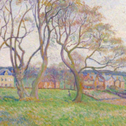Impressionist painting of a hillside with several leafless trees and houses in the background
