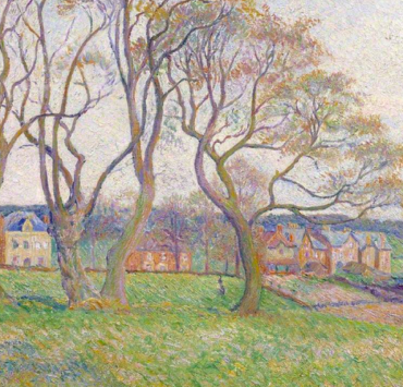 Impressionist painting of a hillside with several leafless trees and houses in the background