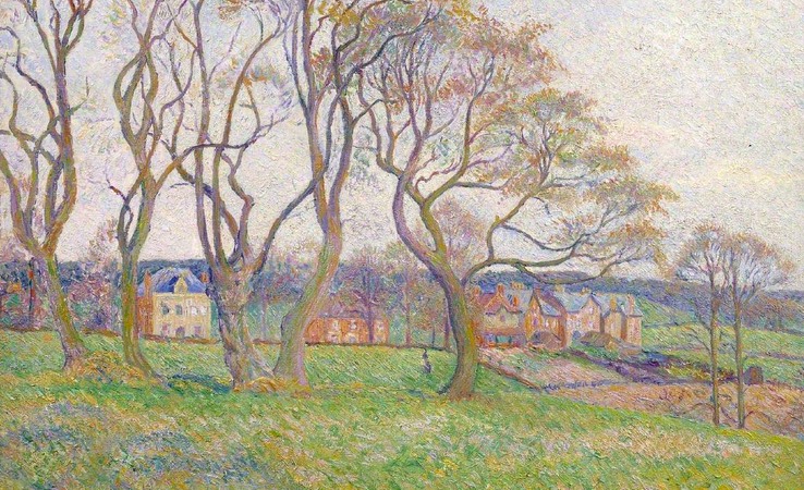 Impressionist painting of a hillside with several leafless trees and houses in the background