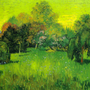 Impressionist painting of a garden full of trees with a yellow sky