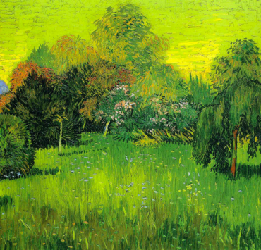 Impressionist painting of a garden full of trees with a yellow sky