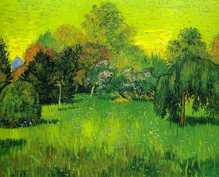 Impressionist painting of a garden full of trees with a yellow sky
