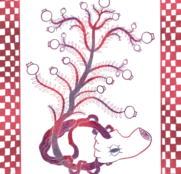 Illustration in shades of red and purple of a hand gripping a root that branches off with fruits