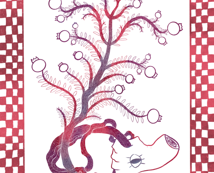 Illustration in shades of red and purple of a hand gripping a root that branches off with fruits