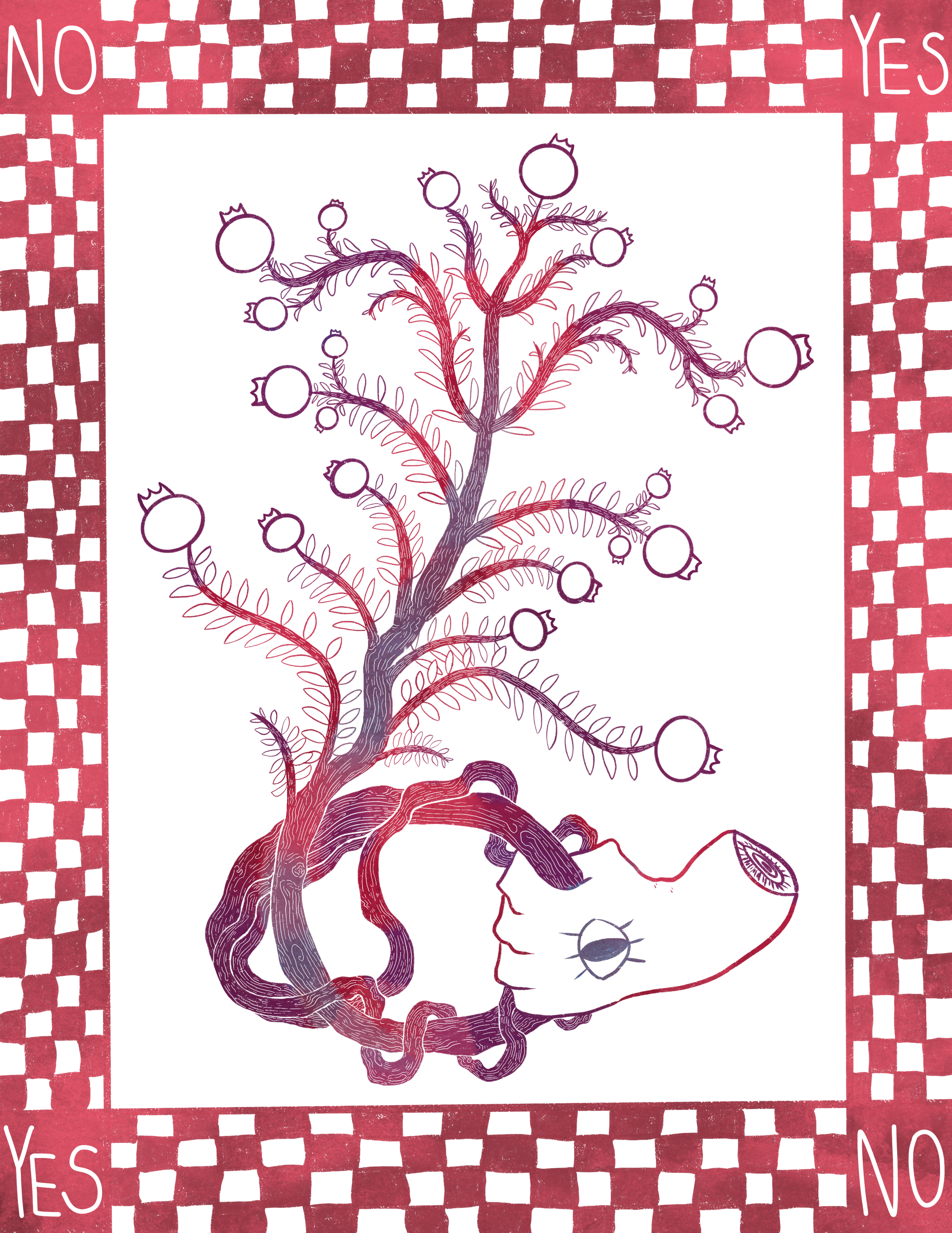 Illustration in shades of red and purple of a hand gripping a root that branches off with fruits
