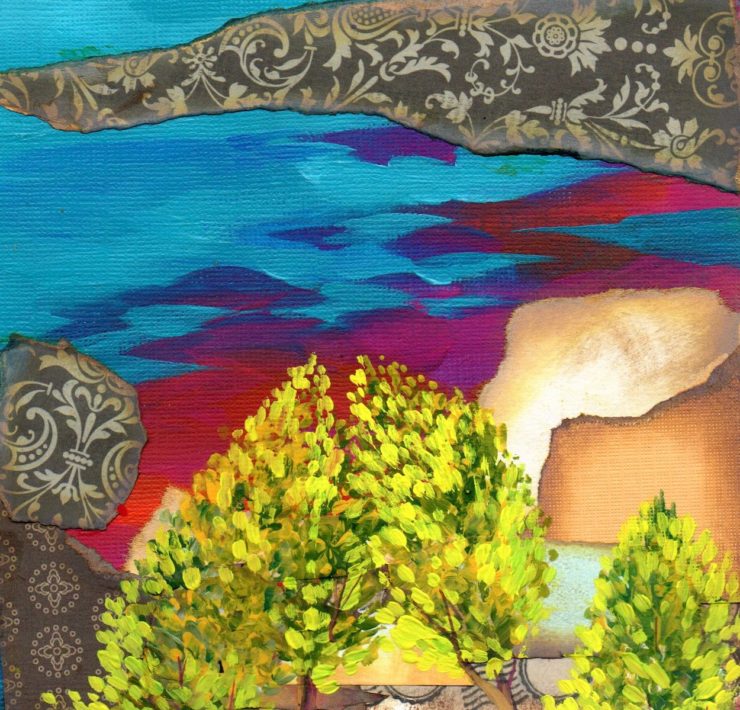 Painting of a gingko tree on a layered background of blue and pink