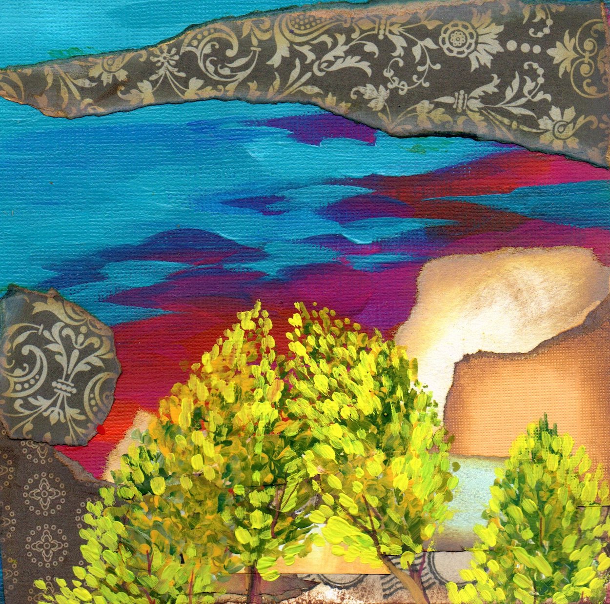 Painting of a gingko tree on a layered background of blue and pink