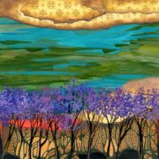 Painting of a purple flowered tree on a layered blue and green background