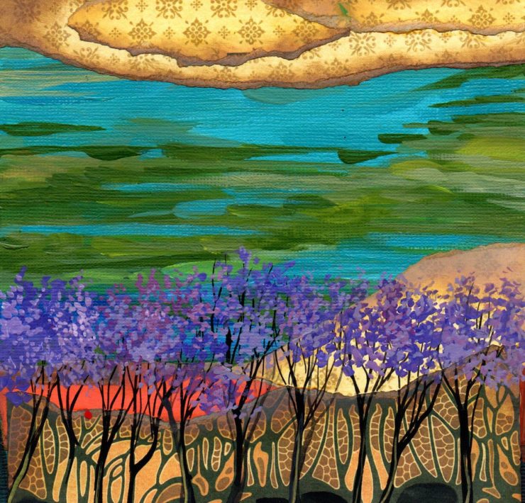 Painting of a purple flowered tree on a layered blue and green background