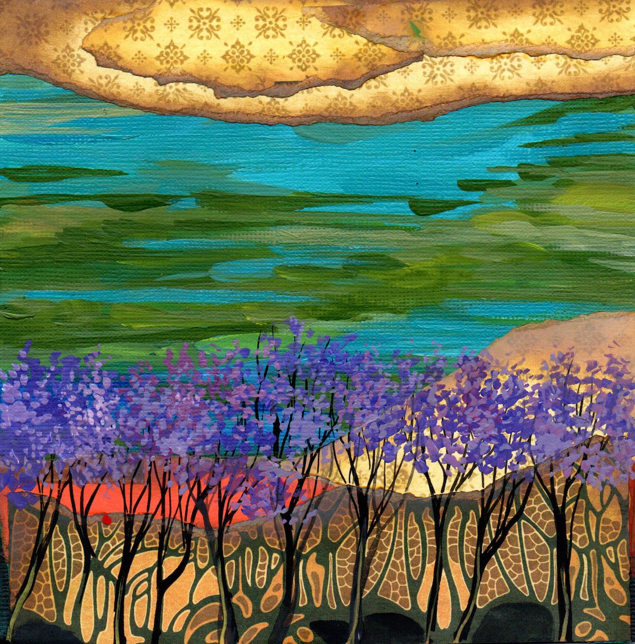 Painting of a purple flowered tree on a layered blue and green background